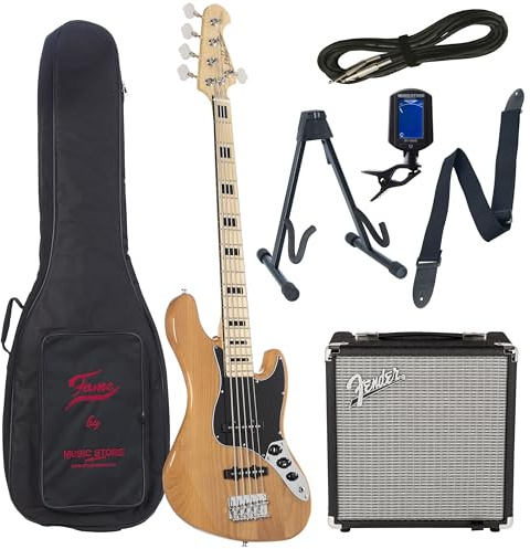 J & D JB Vintage 1975 5-String E-Bass, Vintage-Style, Ahornhals, Single Coil Tonabnehmer, Natur Finish, Chrom Hardware, Bass Set
