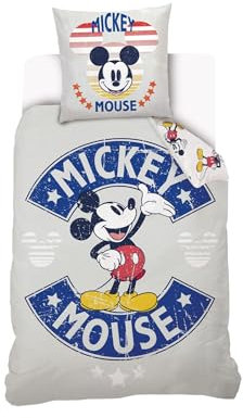 Disney - Housse de couette Mickey Mouse Disney 140x200 cm + 1 Taie d'oreiller 63x63 cm - 100% Coton - Gris
