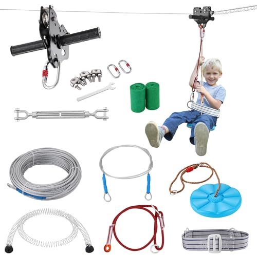 VEVOR Zipline Seilrutsche, 24,38 m Seilbahn Kinder, Zip Line Kit für Kinder und Erwachsene bis 226,8 kg, Backyard Zip Line Kit mit Verbessertem Federbremssystem, Seilbahn für Garten, Außenbereich usw.