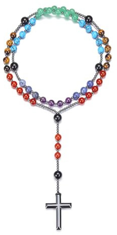 CrystalTears Rosenkranz Halskette Hematite Kreuzanhänger mit 7 Chakren Perlenkette Damen Herren Amulett Schmuck spirituelle Geschenk