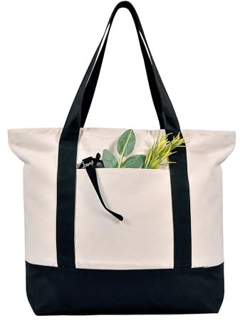 MINIMARG Bolsa de lona de algodón 100 % resistente con cremallera y bolsillo externo, adecuada para comestibles diarios, viajes, compras, eventos y regalos, bolsa de playa resistente y reutilizable