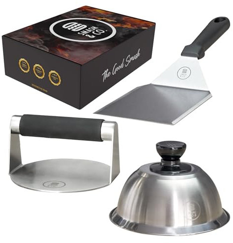 SMASH&CO - Kit Smash Burger Pro Edition - Acero Inoxidable - Certificado UE Contacto con Alimentos - Incluye: Smasher, Campana, espatula - Mango ergonomico antiquemaduras - Set Hamburguesas