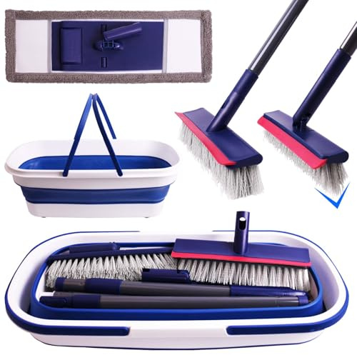 Collapsible Mop and Bucket Set, Bafezoze Microfiber Dust Mop, Floor Scrubber, Grout Brush with Long Handle for Bathroom RV Tile Cleaning