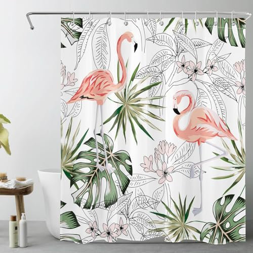 LB Grünes Palmblatt Duschvorhang 120x175cm(BxH) Tropischer rosa Flamingo Antischimmel Wasserdicht Badezimmer Vorhänge, Abstrakte Blume Weiß Extra Kurz Polyester Stoff Bad Vorhang mit Haken