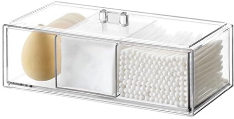 TESSTSY Aufbewahrung für Organizer Wattestäbchen, Kosmetik Organizer Pads, Wattestäbchen Behälter Transparent 3 Fächer, Wattepads Halter mit Deckel für Badezimmer, Schminktisch, Wohnzimmer, Küche