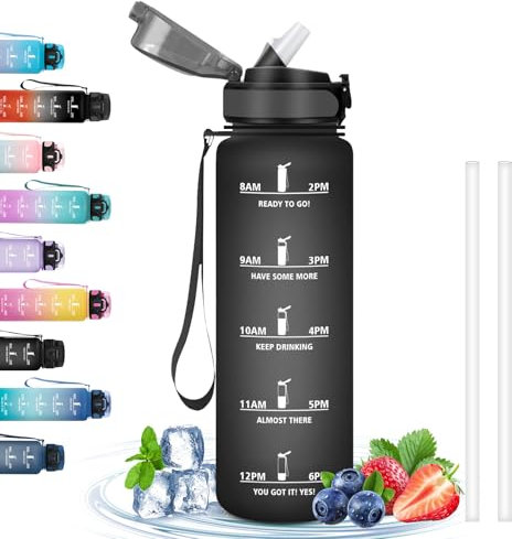 Botella Agua 1 Litro, Botella Agua Gimnasio con Pajita, Botella Reutilizable,Marca de Tiempo, Botella de Agua Deportiva, Botella Agua, para Gimnasio, Yoga, Ciclismo, Senderismo, Negro