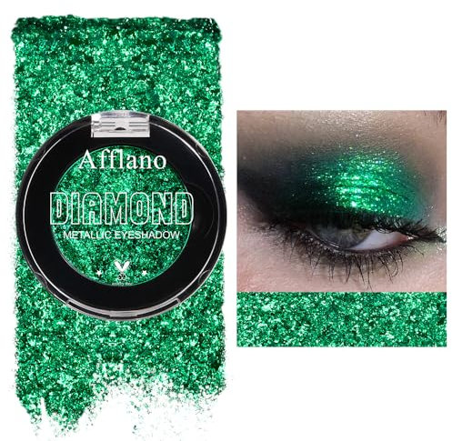 Afflano Grüner Glitzer Lidschatten, Green Glitter Eyeshadow, Diamantgrün Grün Schimmernder Lidschatten, Hochpigmentiert,Farbabgabe, Halloween Carnival Make-up Grüne Schminke