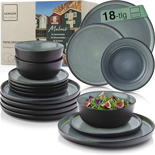 SÄNGER Malmö| Juego de vajilla de gres de 18 piezas, juego de platos para 6 personas, 6 platos llanos, 6 cuencos de cereales, 6 platos de postre, color verde oscuro resistente a los arañazos, vajilla