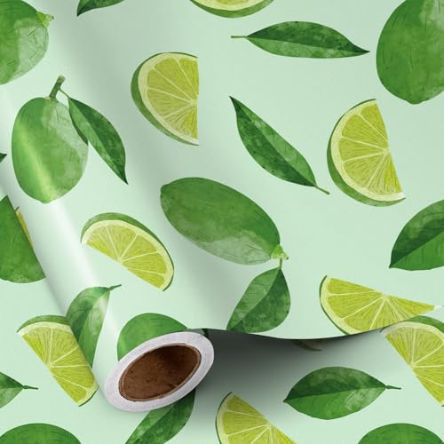 RUSPEPA Limetten-Geschenkpapierrolle, Mini-Rolle, grünes Limetten- und Blattmotiv, Zitronen-Geschenkpapier, ideal für Geburtstage, Sommerpartys, tropische Themen und Feiertage, 43,2 cm x 5 m