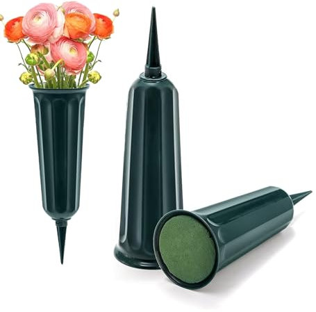 Nurila 2 STK Grabvase mit Steckschaum, Grabvase mit Erdspieß 25 x 7,4cm Grabvasen,Witterungsbeständiger Grabschmuck, Vase Friedhof Grabvasen Friedhof Gräber, Höfe, Gartendekorationen(Grüner)