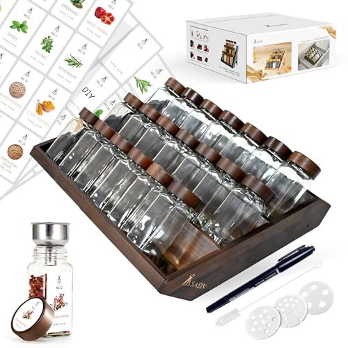 SAEIV Gewürzregal Schublade mit 2-in-1 Akazien Gewürzregal Holz (FCM®) – 21x120ml Gewürzgläser Eckig, 120 Etiketten, Aufstellbar & Schubladen-tauglich Gewürzstreuer – Gewürzgläser Set
