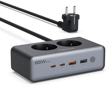 TESSAN USB C Ladegerät, 6 in 1 USB Ladestation mehrere geräte mit 2AC Steckdosen, GaN PD 65W Schnellladegerät mit Schalter, Ladestecker mit 1,5m Verlängerungskabel für Handy, Tablet, Laptop