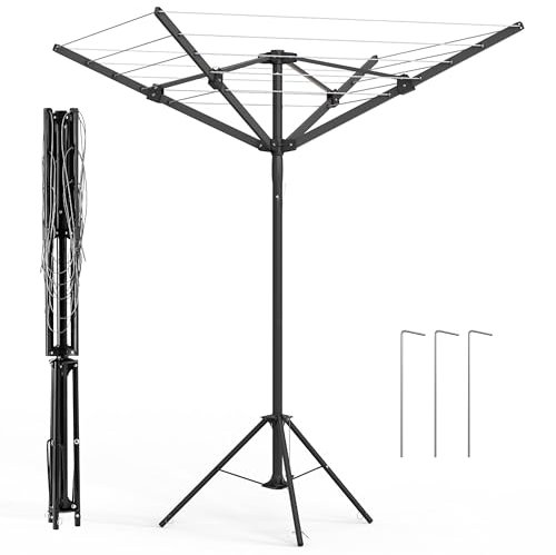 Vivo Technologies 4 Arm Rotary Washing Line Freestanding Portable Rotary Airer,16m Camping Washing Lines with 3 Legs and Carry Bag, Foldable Rotating Airers Dryer Clothes Airer for Outdoor Caravan