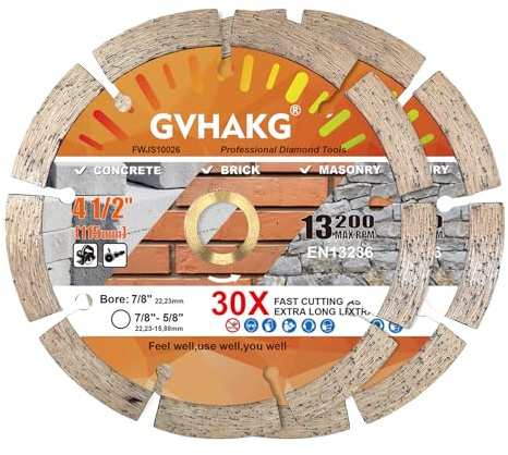GVHAKG 115mm Diamond Cutting Disc,4 1/2'' Segmented Concrete Blade (2pcs) | 4.5'' Diamond Saw Blade for Cutting Concrete Masonry Brick Block Stone With 7/8-5/8” Arbor (115x10x22.23mm)