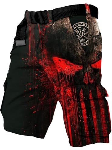 JHBTFQ Viking Hiking Shorts Quick Dry Multi-pocket 3D Print Cargo/Sports/Work Summer Mens Shorts Nordic Gift(No Belt),Compass Skull,4XL