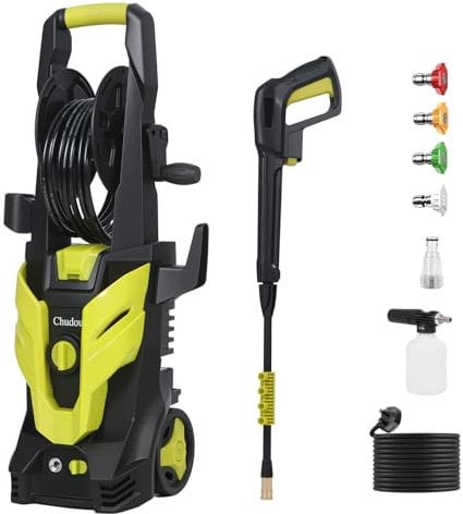 1800W Electric Pressure Washer, 150Bar Heavy Duty Power Washer with 4 Nozzles & Foam Cannon, 7M Hose & Wheels - Portable Jet Wash for Cars, Driveways, Patio, Garden Cleaning