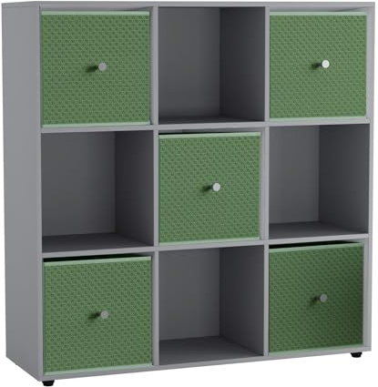 URBNLIVING 9 Cube Storage Unit with 5 Foldable Fabric Drawers, Wooden Freestanding Bookcase Shelf Organiser, Modern Cube Shelving for Bedroom, Office, Living Room, Toys, Clothes & Books