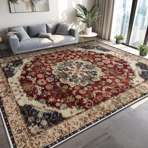 MOONLIGHT20015 Washable Rugs Living Room Large 200x290 cm - Fluffy Vintage Area Rugs for Bedroom - Non Slip Low Pile Soft Boho Rug Carpets for Lounge - Traditional Rug for Dining Room, Whisper