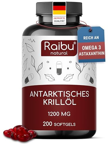 Huile de Krill d’Antarctique 200 Gélules - Riche en Astaxanthine, acides gras Oméga 3 (EPA & DHA), 6 & 9 et Phospholipides - 1200 mg d’Huile de Krill par jour - Sans arrière-goût de poisson