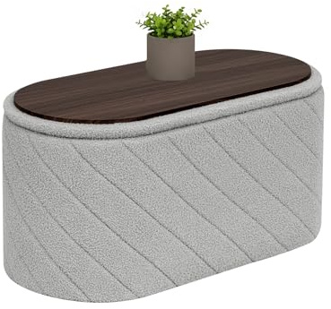 Bonlife Ovale Ottomanbank mit Stauraum, Klappbare Fußbank mit Deckel, Boucle Bank für Fußende des Bettes, Hocker für Wohnzimmer, Schlafzimmer, Eingangsbereich, Grau, 76x38x38cm
