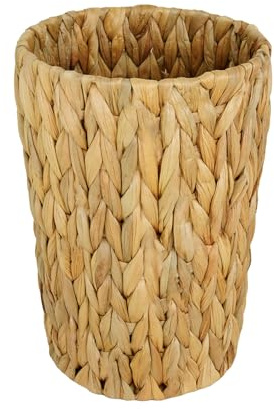 Fhuopoer Woven Waste Paper Bin - Small Bin for Bedroom, Bathroom & Office, Rustic Wicker Bin with Sturdy Metal Frame, Boho Round Waste Paper Basket, Compact Spaces (2 Gallon)