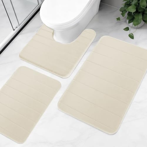NAKIHOUSE 3 Piece Bath Mat Set, Memory Foam Bathroom Mats Non Slip, Beige | Toilet Mat Set, Ultra Absorbent Quick Dry Washable Bathroom Rugs for Shower Bathtub Sink Floor