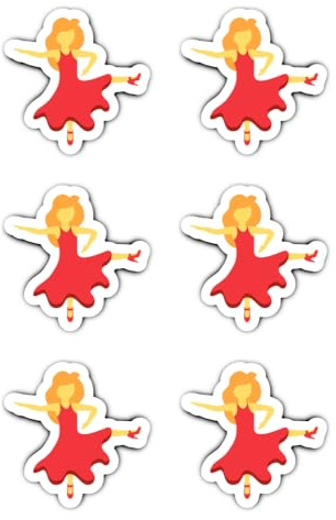 Laminierte Aufkleber: 50 mm, 6 Stück - Emoticon Tänzerin rotes Kleid wasserfeste Vinyl Sticker