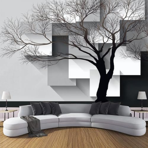 Fototapete Seide Silhouette Eines Toten Baumes Geometrische Würfel – 350x256cm Wandtapete Tapeten Für Wohnzimmer Schlafzimmer Flur TV Hintergrund Schwarz-Weiß-Minimalismus-Stil Große Seidentapete Deko