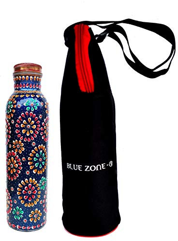 Bottiglia d'acqua in rame puro Rastogi Handicrafts (senza cuciture e a prova di perdite), dipinta a mano, solo all'esterno, borsa termica inclusa. Bicchieri 950 ml