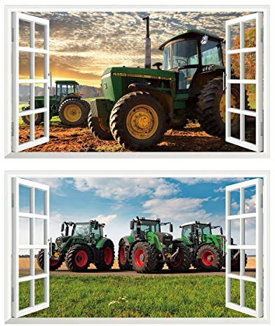 2Pcs Wandtattoo Traktor Trecker 3D Effekt XXL Farm Feld Landwirtschaft Wandaufkleber Fenster Selbstklebend für Junge Kinderzimmer Groß 1000mmx600mm v10