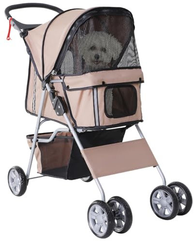 PawHut Pet Stroller for Small Miniature Dogs Cats Foldable Travel Carriage with Wheels Zipper Entry Cup Holder Storage Basket Brown