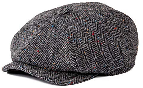 BOTVELA Herren 8 Panel Wollmischung Newsboy Flat Cap Fischgrätenmuster Tweed Hut, Grau meliert, 61 EU