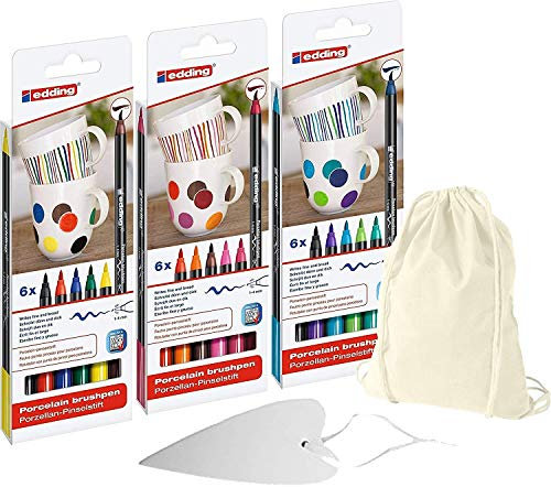 edding 4200 Porzellan-Pinselstiften (18er Komplett Set) Promo Geschenk Set inklusive Porzellanherz und Stoffbeutel (zB. zur Aufbewahrung der Stifte)