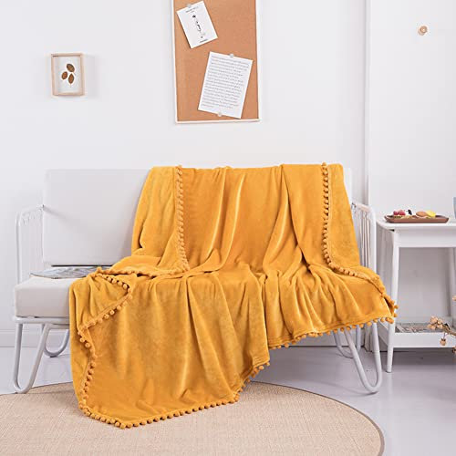 Lsimeru Kuscheldecke Fleecedecke Flauschig Senfgelb 180x200cm mit Pompoms,Wohndecke Weich Warm Einfarbig Flanelldecke Tagesdecke Couchdecke Sofadecke