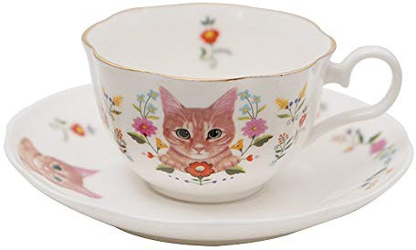 123Arts Ceramic Cat and Flower Coffee Mug Teacup Set with Saucer