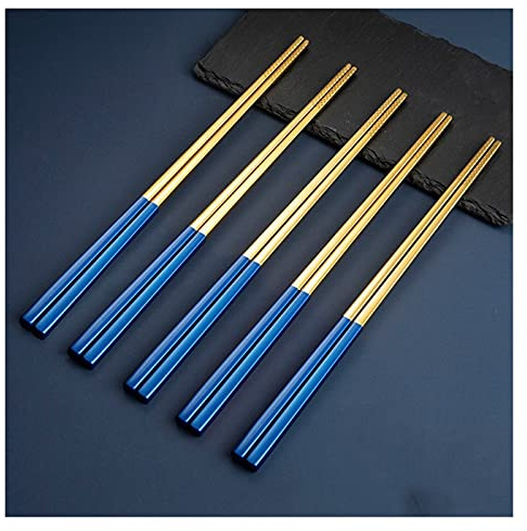 5Pair Stainless Steel Chopsticks 304 Tableware Black Gold White Gold Square Non-Slip Korean Gold-Plated Chopsticks (Color : 5pcs-Blue)