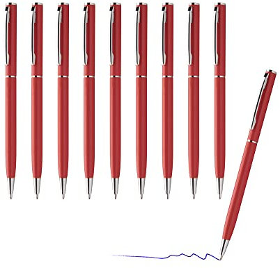 sin4sey 10er Set Kugelschreiber - schlankes Design - edler Aluminium Kugelschreiber (Rot)
