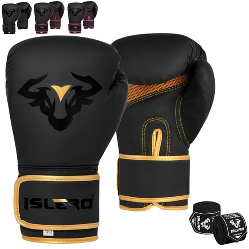 Islero EVO Fitness Guanti da boxe neri opachi da uomo, borsa da boxe da donna, rosa MMA, arti marziali Kick Boxing Sparring guanti da combattimento con impacchi per le mani (453.6 g, dorato)
