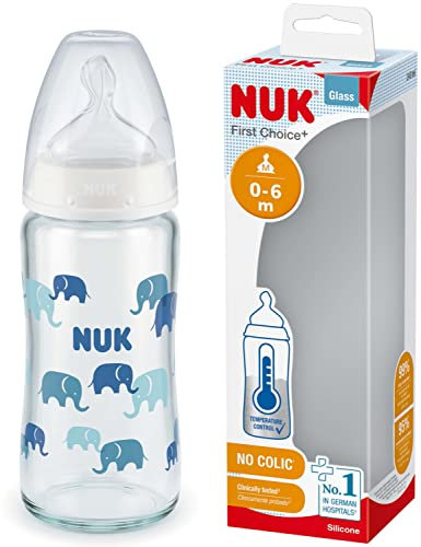 NUK biberon en verre First Choice+ | 0 - 6 mois | Contrôle de température | Tétine en silicone | Valve anti-coliques | Sans BPA | 240 ml | éléphants