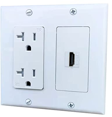 BUPLDET 20 Amp Steckdose mit 1 Port HDMI Wandplatte – 2-Gang-Steckdose mit HDMI Keystone Jack Abdeckplatte für TV-Halterung – Weiß