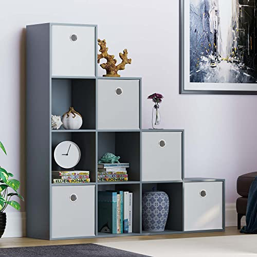 Vida Designs Durham - Estantería para escaleras, Organizador de Almacenamiento, Muebles de Sala de Estar (10 Cubos y 5 cestas Blancas, Gris)