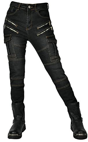 SHUOJIA Women Motorbike Jeans Made with Fabric, Motorcycle Protective Trouser Breathable Denim Pant Linned Reinforced Removable Padded Armoured (Black,S)