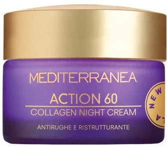 MEDITERRANEA COSMETICS Crema Viso Notte Con Cellule Staminali di Goji, Echinacea e Vitamina E Ristrutturante, Levigante e Anti-Rughe Pelle Matura 55+ Linea Action 60 Collagen Night Cream – 50 ml
