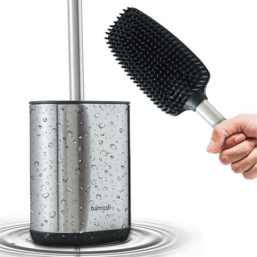 Toilettenbürste aus Silikon mit WC Bürsten Halter und langem Stiel aus Edelstahl. Hygienisch, Flexibel, Modern, Elegant & Stabil. Schaber mit Lamellen. Für Badezimmer und WC - Silber