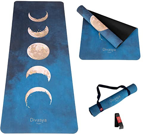 DIVASYA Premium nachhaltige Yogamatte rutschfest: Naturkautschuk rutschfest & saugstarke Mikrofaser-Oberfläche | großzügigere Maße (183x68x0,5cm) | Tragegurt & Fixierband | Yoga Matte schadstofffrei