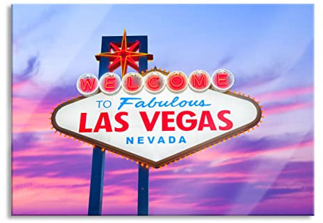 Pixxprint Glasbild, Wandbild aus Echtglas, Las Vegas Ortsschild abends, 100x70 cm, inkl. Aufhängung und Abstandshalter