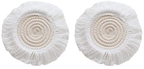 SHTGOI 2 Stück Makramee Untersetzer Handgefertigte Gewebte Baumwollseil Runde Tischsets mit Quasten rutschfest Hitzebeständige Küche Coasters Nordischer Stil Becherpad für Tassen Beige+Weiß