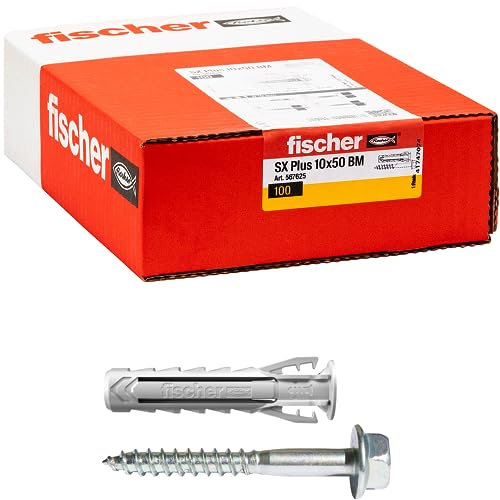 Fischer 100 Tasselli SX Plus BM con Vite Testa Esagonale 10x50 mm per Muro Pieno, Mattone Forato, Muratura, Calcestruzzo, per il Fissaggio di Lampadari, Mobili, Pensili, Mensole, 567625