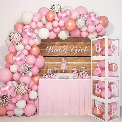 143Stück Gender Reveal Luftballon Girlande Babyparty Deko Baby Shower Mädchen Rosa Weiß Luftballon Baby Box AZ Buchstabe für Taufe Deko Mädchen Geburtstag Tischdecke Hintergrund Gender Reveal Deko