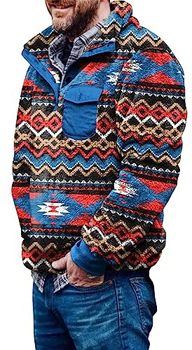 Herren Aztec Fleece Pullover Fuzzy Sherpa Fleecejacke Button down Sweatshirt Warm Vintage Sweatpullover mit Tasche für Männer